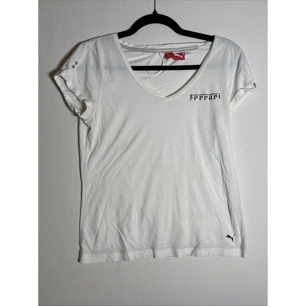 Ferrari Womens White Graphic V Neck Short Sleeve T Shirt Size L Sportswear